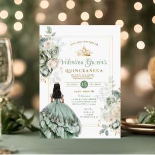 Invitation Sage Green Quinceañera 15 Anos Fleurs Or Couronne