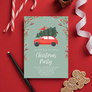 Invitation Sage Green & Red Christmas Tree & jolie voiture