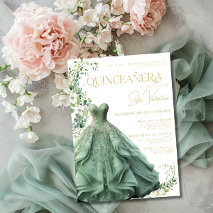 Invitation Sage Green Robe Gown Floral Princesse Quinceañera