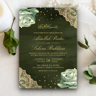 Invitation Sage Green Rose Gold Lace QR Code Musulman Mariage