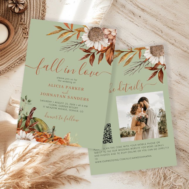Invitation Sage green rust leaves boho floral fall wedding (Créateur téléchargé)