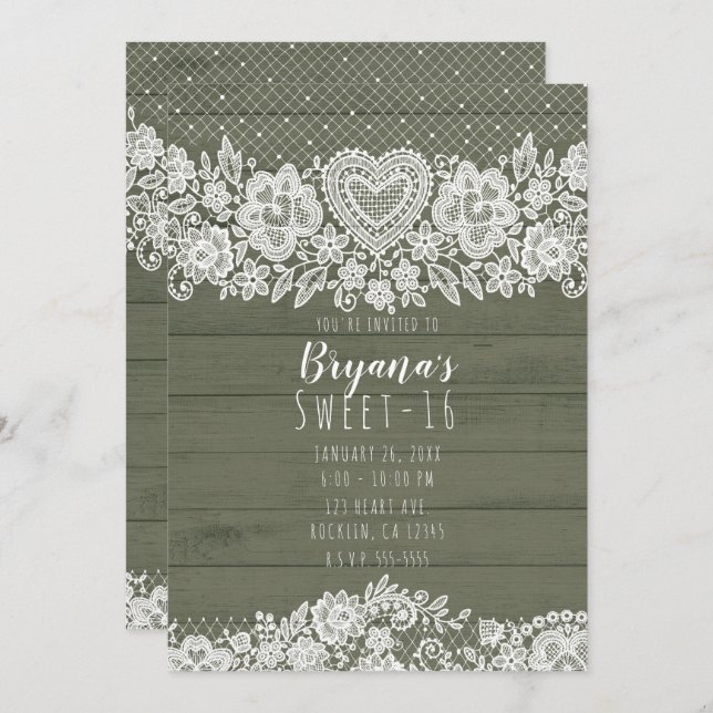 Invitation Sage Green Rustic Wood & Lace Sweet 16 Anniversair (Devant / Derrière)
