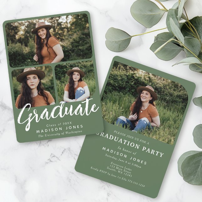 Invitation Sage Green Script 4 Photos Graduation Party (Créateur téléchargé)