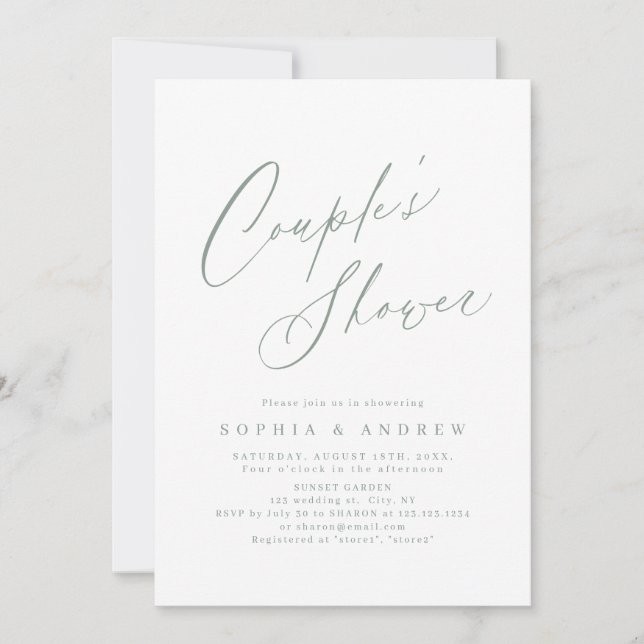 Invitation Sage Green script moderne minima couples douche (Devant)