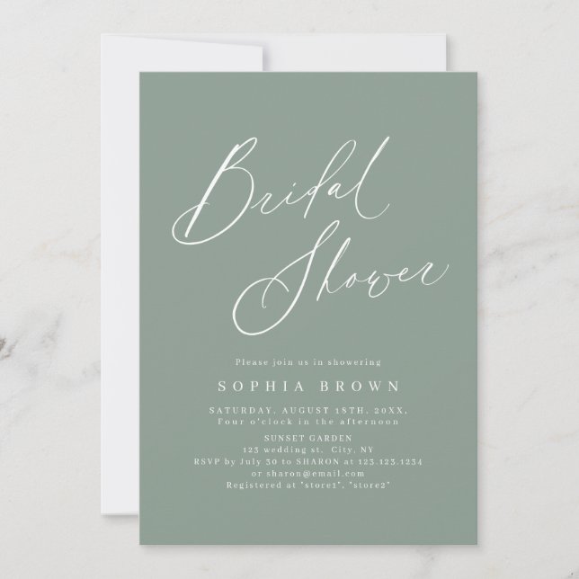 Invitation Sage Green script moderne minimum douche nuptiale (Devant)