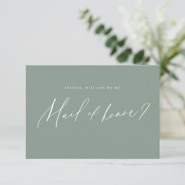 Invitation Sage green script tu seras ma bonne d'honneur (Debout devant)