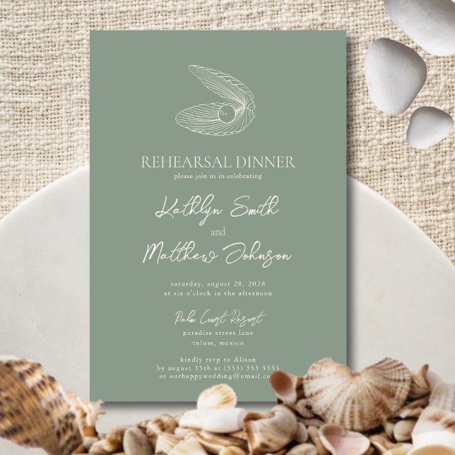 Invitation Sage Green Seashell Beach Ocean Rehearer Dîner (Créateur téléchargé)
