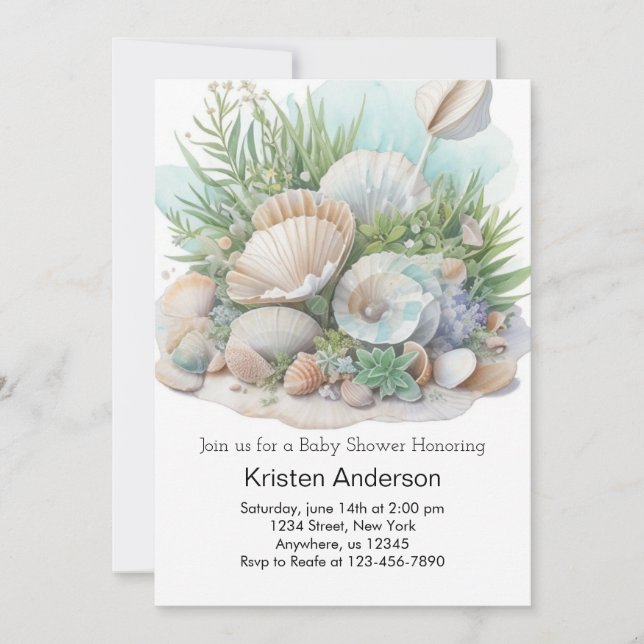 Invitation Sage Green Seashell Whimsical Meadow Baby shower (Devant)