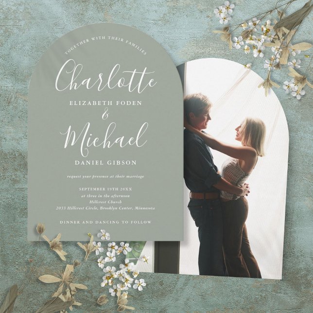 Invitation Sage Green Signature Script Photo Arche Mariage (Sage Green Signature Script Photo Arch Wedding Invitation)