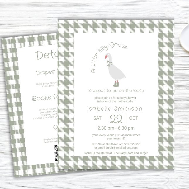 Invitation Sage Green Silly Little Goose Baby shower QR Code (Créateur téléchargé)