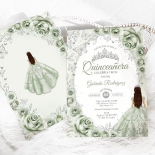 Invitation Sage Green Silver Floral Quinceanera