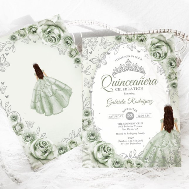 Invitation Sage Green Silver Floral Quinceanera (Créateur téléchargé)