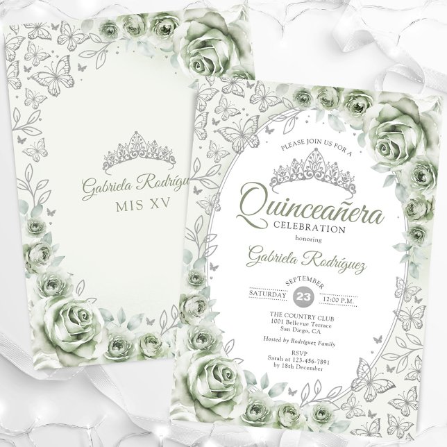 Invitation Sage Green Silver Floral Quinceanera (Créateur téléchargé)