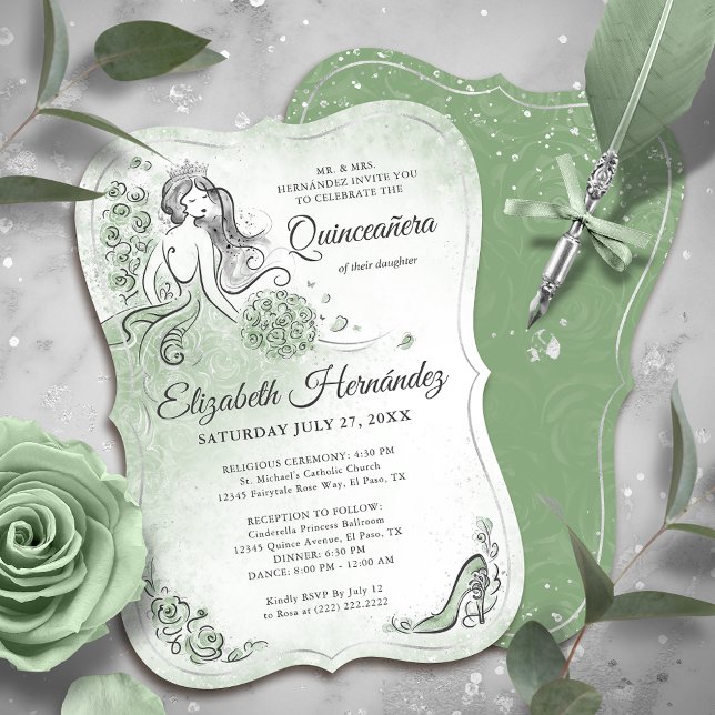 Invitation Sage Green Silver Princess Quinceanera Birthday (Unique, downloadable silver and sage green quinceanera invitations on an editable DIY template.)