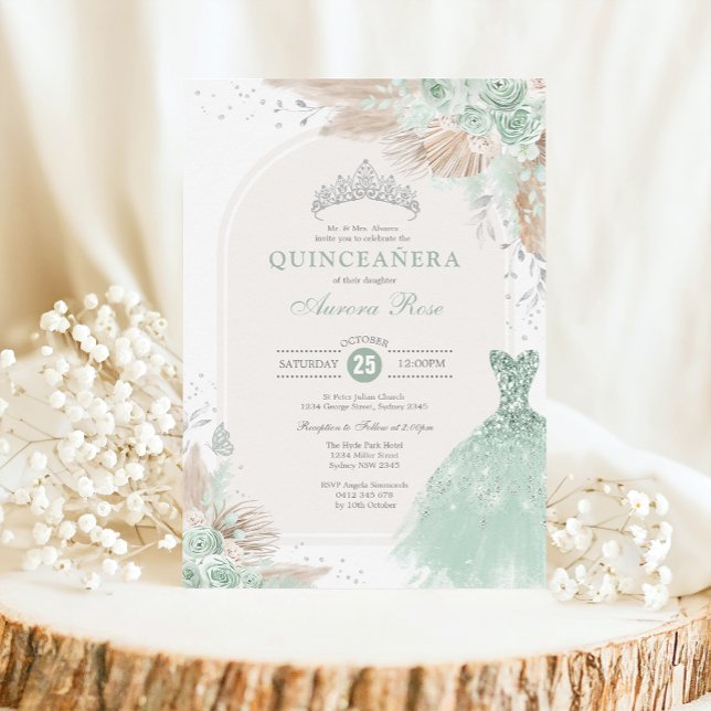 Invitation Sage Green Silver Quinceañera Boho 15e anniversair (Créateur téléchargé)