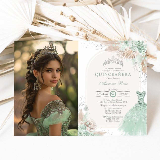 Invitation Sage Green Silver Quinceañera Boho Princesse Photo (Créateur téléchargé)