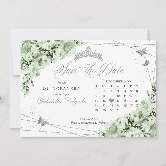 Invitation Sage Green & Silver Quinceañera Enregistrer La Dat (Devant)