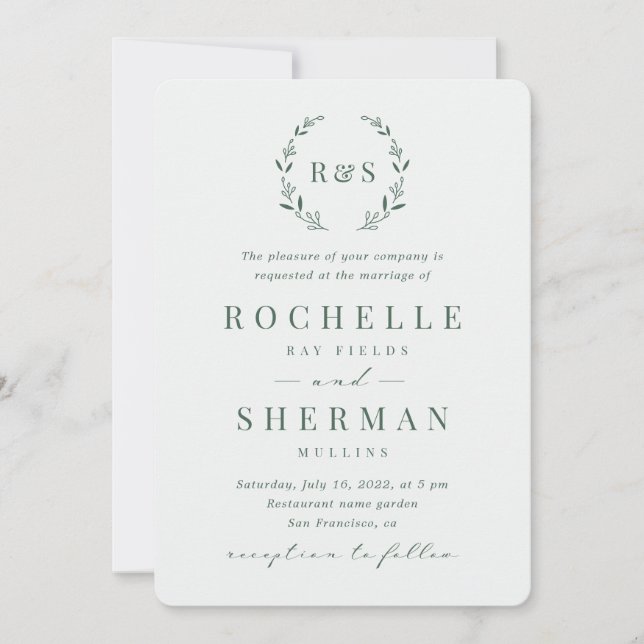 Invitation Sage Green Simple Feuille Russe Mariage Monogramme (Devant)