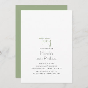 Invitation Sage Green Simple Moderne Minimaliste 30e annivers