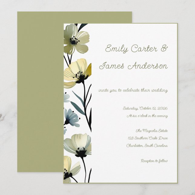 Invitation Sage Green & Soft Yellow Botanical Wedding (Devant / Derrière)