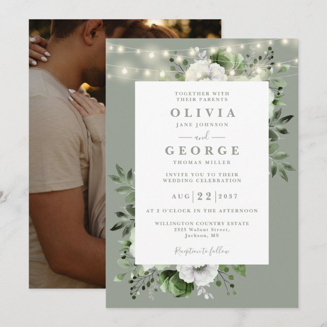 Invitation Sage Green String éclaire Floral Photo Mariage (Devant / Derrière)