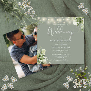 Invitation Sage Green String éclaire Floral Photo Mariage