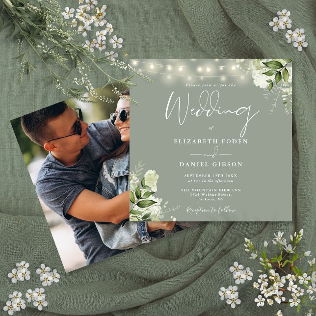 Invitation Sage Green String éclaire Floral Photo Mariage (Sage Green String Lights Floral Photo Wedding Invitation)