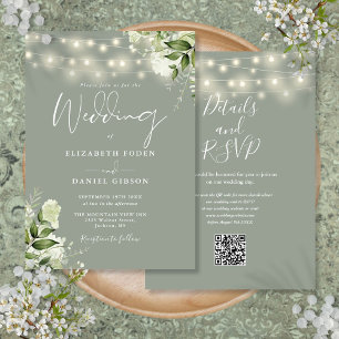 Invitation Sage Green String éclaire Floral QR Code Mariage