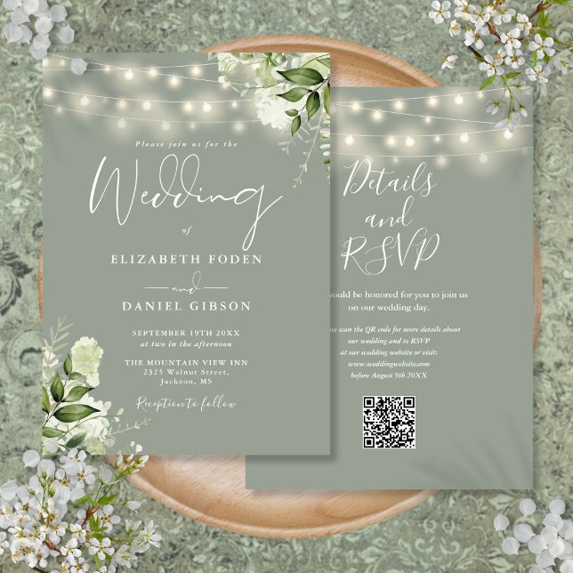 Invitation Sage Green String éclaire Floral QR Code Mariage (Sage Green String Lights Floral QR Code Wedding Invitation)