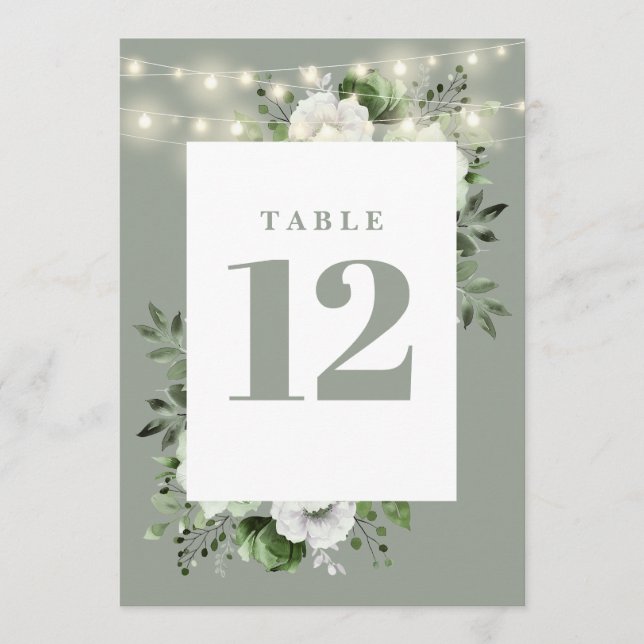 Invitation Sage Green String Lights Floral Table Numéro (Devant)