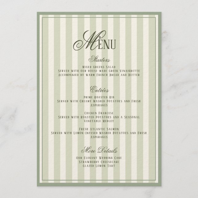 Invitation Sage Green Striped Wedding Menu  Card (Devant)