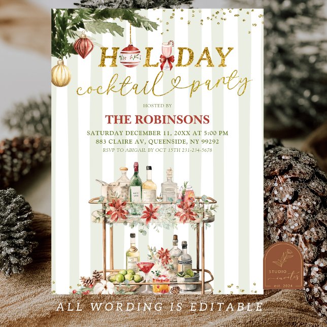 Invitation Sage Green Stripes Christmas Holiday Cocktail (Créateur téléchargé)