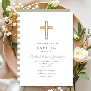 Invitation Sage Green Stripes Religieux Croix Baptême