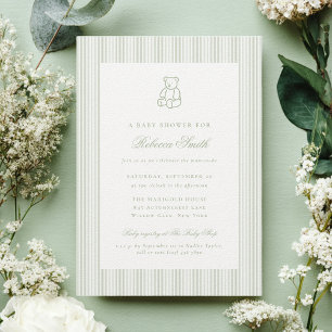 Invitation Sage Green Teddy Bear Preppy Élégant Baby shower