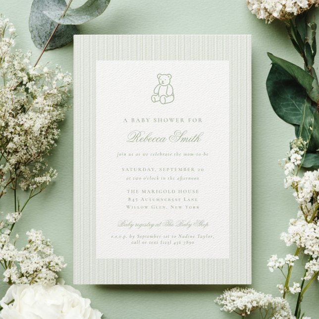 Invitation Sage Green Teddy Bear Preppy Élégant Baby shower (Créateur téléchargé)