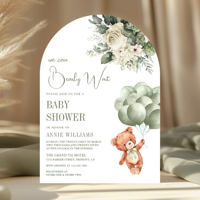 Invitation Sage Green Teddy Boloons Ours Baby shower Floral (Créateur téléchargé)