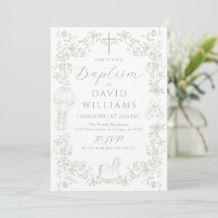 Invitation Sage Green Toile Boy Baptême Élégant numérique