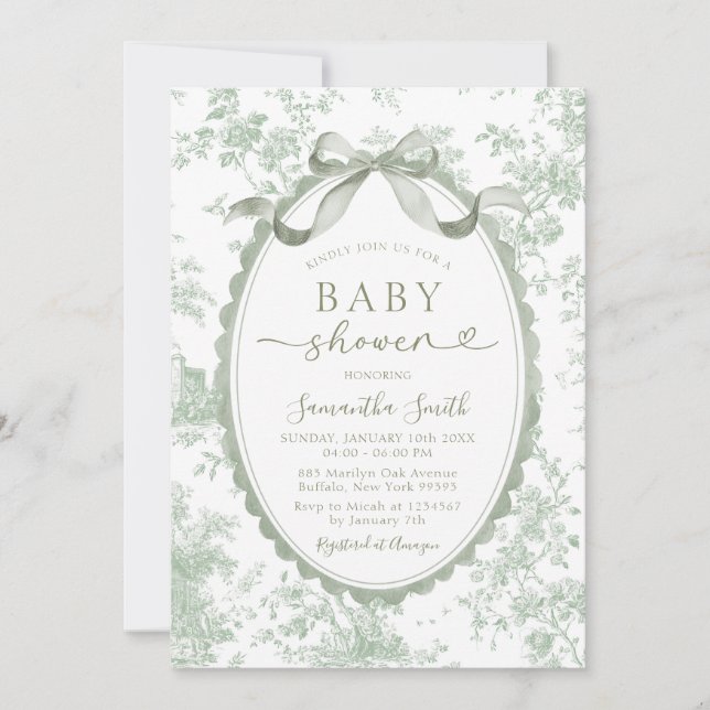 Invitation Sage Green Toile Chinoiserie Bow Baby Shower (Devant)