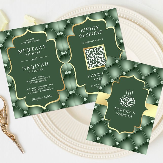 Invitation Sage Green Tufted Motif QR Code Musulman Mariage (Créateur téléchargé)