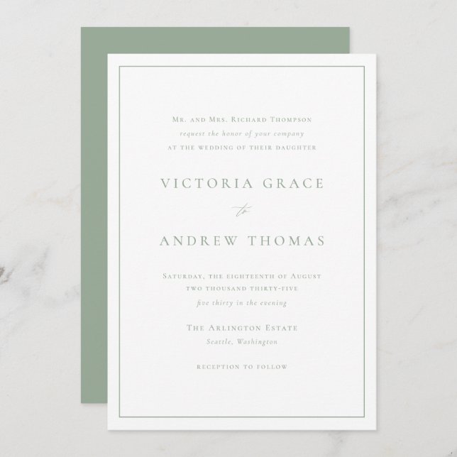 Invitation Sage Green Typographie simple Mariage officiel (Devant / Derrière)