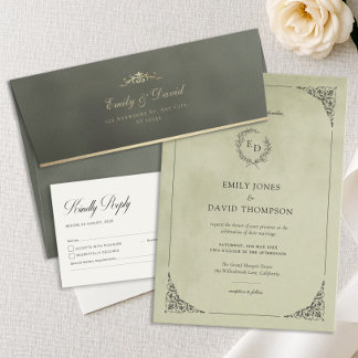Invitation Sage Green Velvet Laurel Wreath Minimalist Wedding
