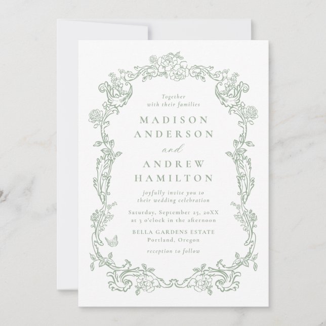Invitation Sage Green Victorian Floral All in One Wedding (Devant)