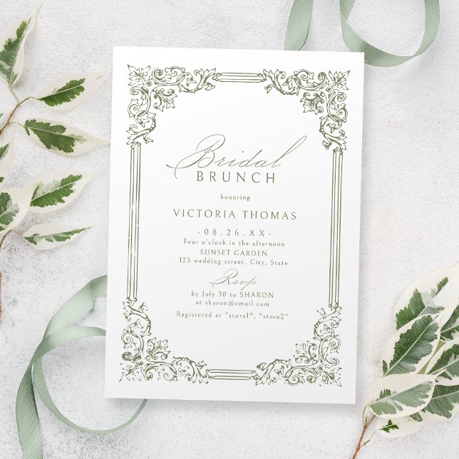 Invitation Sage Green Vintage Cadre Élégant Brunch nuptial (Sage Green Vintage Frame Elegant Bridal Brunch Invitation)