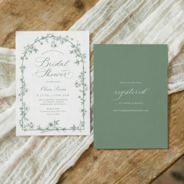 Invitation Sage Green Vintage Floral Frame Bridal Shower (Sage green wildflowers bridal shower invitation with vintage French chinoiserie floral frame)