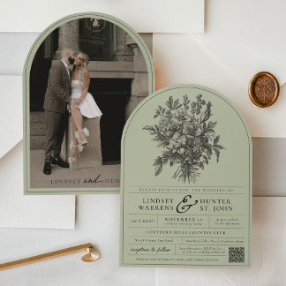 Invitation Sage Green Vintage Floral Photo Arch Wedding