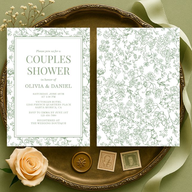 Invitation Sage Green Vintage French Floral Couples Shower (Créateur téléchargé)