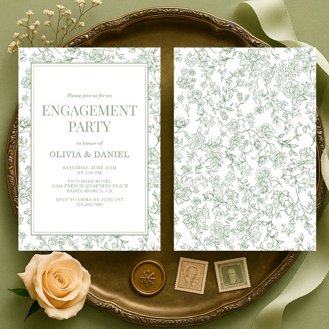 Invitation Sage Green Vintage French Floral Engagement Party (Créateur téléchargé)