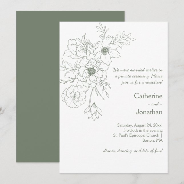 Invitation Sage Green Vintage Line Drawn Bouquet Reception (Devant / Derrière)
