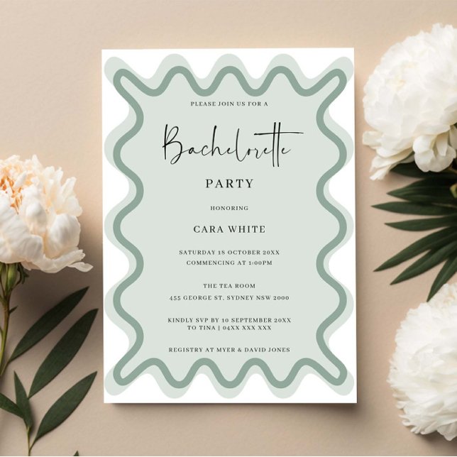 Invitation Sage Green Wavy Border Bachelorette Party (Créateur téléchargé)