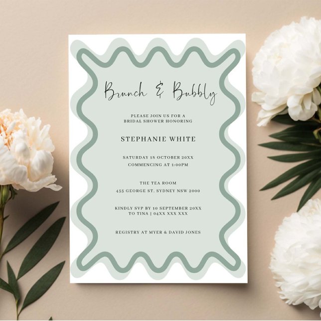 Invitation Sage Green Wavy Bordure Brunch et Bubbly (Créateur téléchargé)